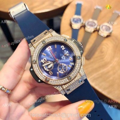 Copy Hublot Big Bang Rose Gold Diamond Blue Dial Watches 1