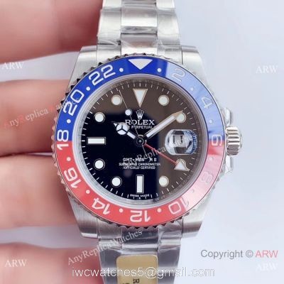 UN factory/904L/Swiss 3285 Rolex Gmt Master II Pepsi Replica Watch Black Dial Oyster Band 1