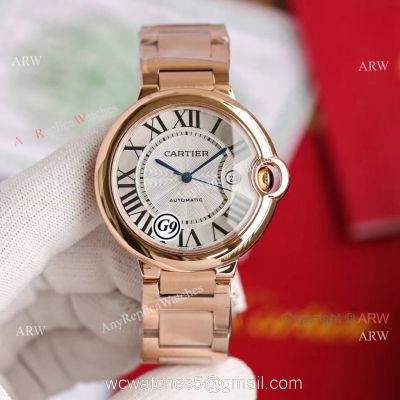 Replica V6 Cartier Balloon Blue Rose Gold Case White Face Watch SS Strap 1