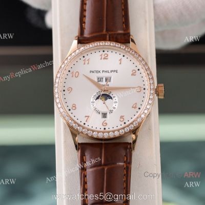 Swiss Quality Patek Philippe Calatrava Annual Calendar Silver Dial Rose Gold Watches 1