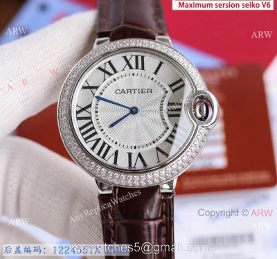 Replica V6 Cartier Balloon Blue Diamond Bezel White Face Watch Brown Leather Strap 1