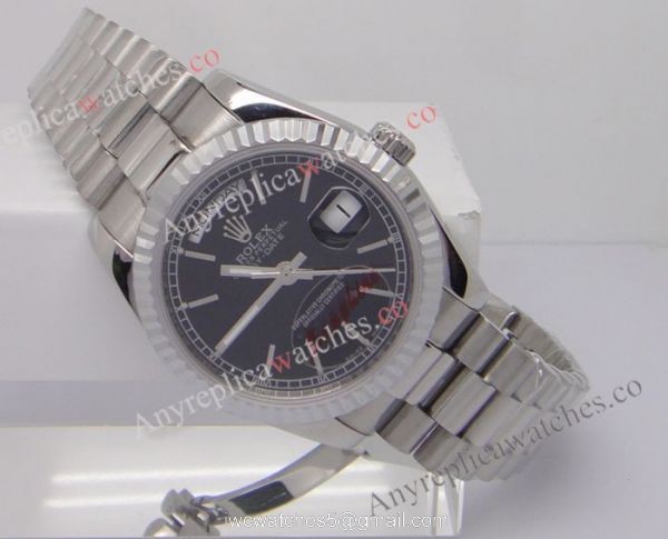 Rolex Day-Date Polished Stainless Steel Black Dial Mens Replica Watch 1