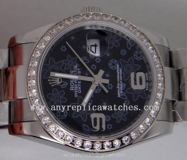 Rolex Datejust Watch SS Oyster Black Flower Face Diamond Bezel 1