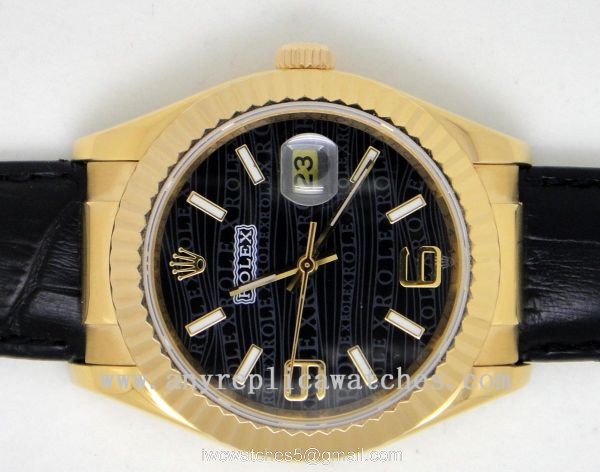 Rolex Replica Datejust Watch GOLD w/ Black Wave Face Black Leather Band 1