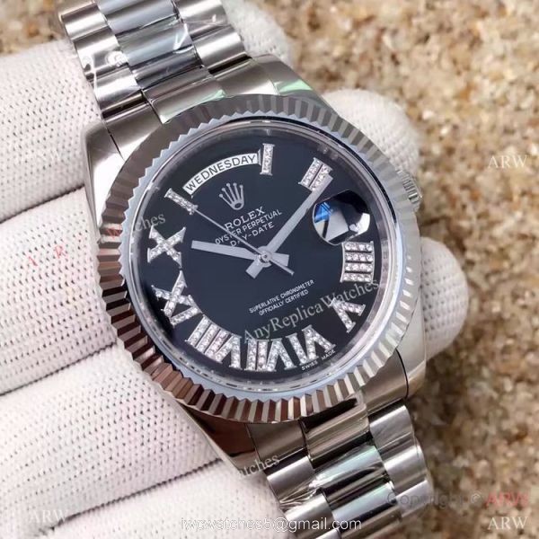 High Quality Copy Rolex Day-Date 40MM Watch MingZhu Movement SS Black Diamond Roman Face 1
