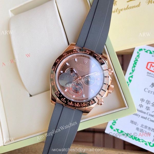Copy Rolex Daytona 43mm Watch Rose Gold Chocolate Dial Rubber Strap 1