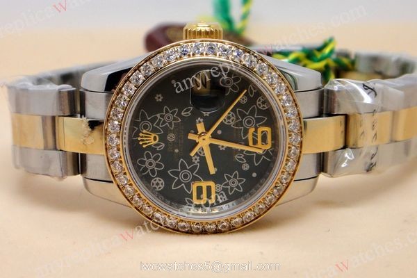 Replica Rolex Lady Datejust 2-Tone Black Flower 31mm Watch 1