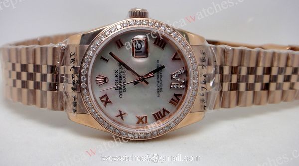 Rose Gold Rolex Datejust Diamond Bezel White Face Watch 1