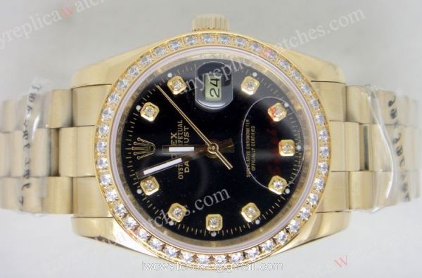 Rolex Datejust Replica Watch Gold Presidential Band Diamond Bezel Black Face 1