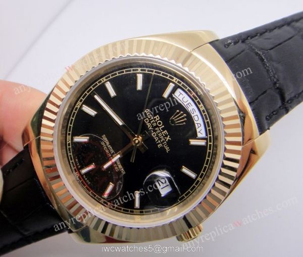 Rolex Day-Date Watch and Black Face Gold Beael Black Leather Strap 1