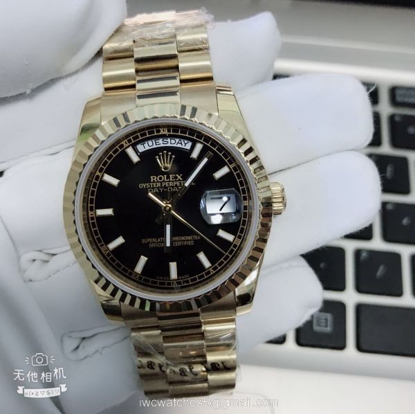 High Quality Copy Rolex Day-Date Black Face Yellow Gold Mens Watch 36mm 1