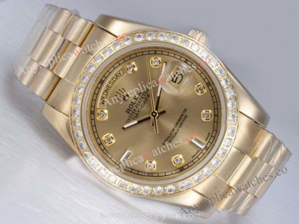 Copy Rolex Gold DayDate Watch Diamond Bezel Gold Face 1