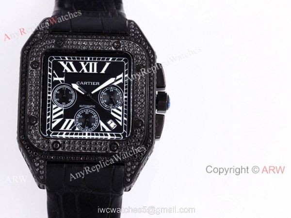 Cartier Santos Black Diamond White Dial 45mm Watch VK Chronograph 1