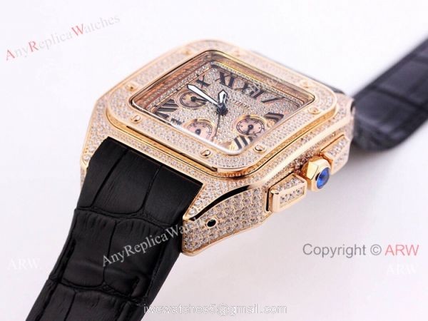 Knockoff Cartier Santos Chronograph Watch Rose Gold Diamond 45mm 1