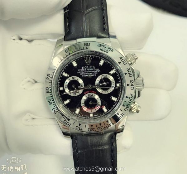 High Quality Copy Rolex Daytona Watch 40MM SS Black Dial w/ Black leather Strap 1