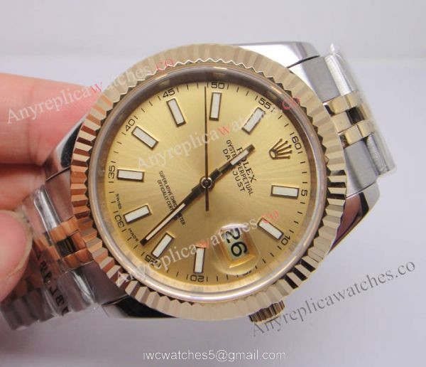 (EW) Clone Swiss ETA3255 Replica Rolex Datejust II Watch 2-Tone Jubilee Band Gold Dial 41mm 1