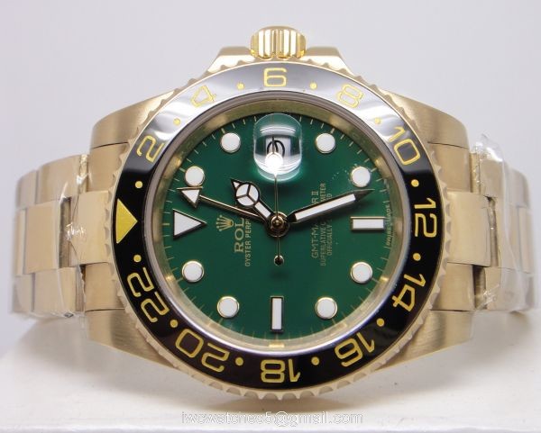 Replica Yellow Gold Rolex GMT-MASTER II Watch SS Green Face 1
