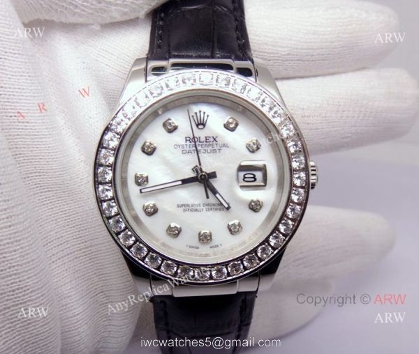 Rolex White MOP Face Diamond Bezel Black Leather Band Watch 1