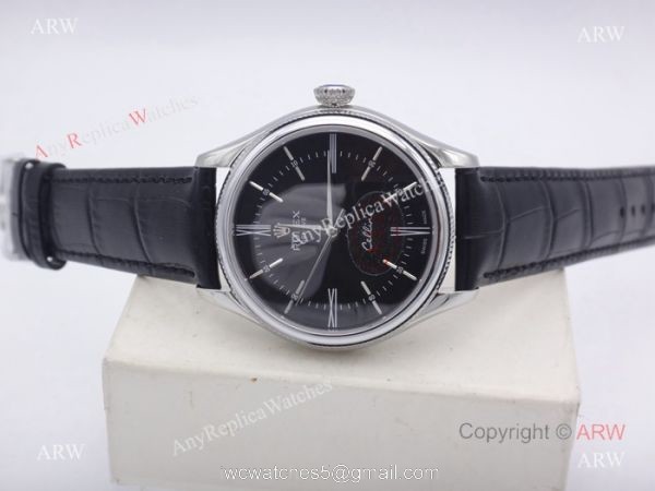 High Quality Rolex Geneve Cellini Black Face Sapphire glass Black Leather Watch 1