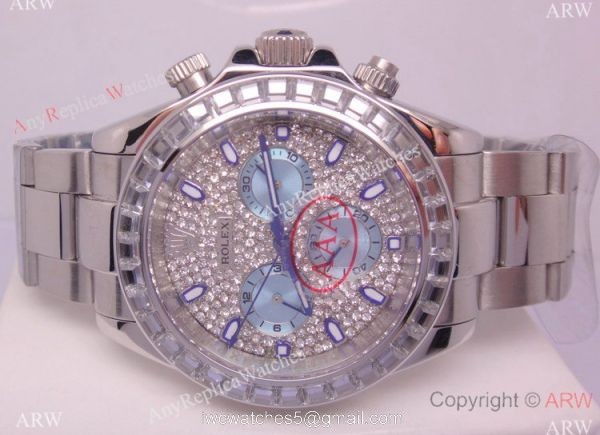 New Style Replica Rolex Daytona SS Diamond Dial Watch- Ice blue Sub-Dial 1