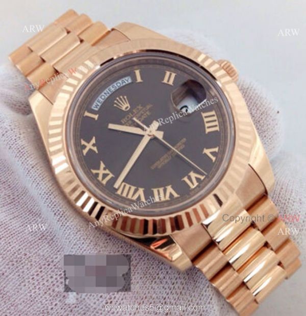 Replica Rolex Day Date II Watch Rose Gold Brown Roman Markers 1