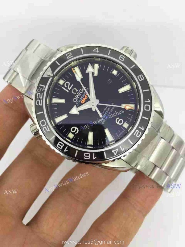 Knockoff Swiss Omega Seamaster GMT Watch Black Dial / Gray Arabic 1