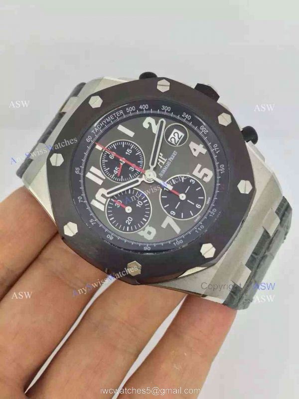 Replica Audemars Piguet Watch Stainless Steel Gray Dial Black Case Black Leather 1