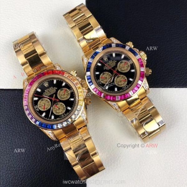 New Style Replica Rolex Daytona Rainbow Watch All Gold Diamond Bezel 1