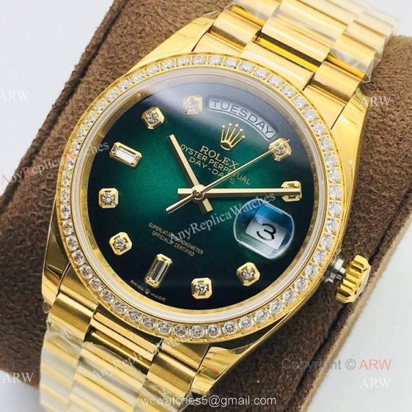 (EWF )Swiss 3255 Rolex Oyster Perpetual Day Date Fake Watch Yellow Gold Green Dial 1