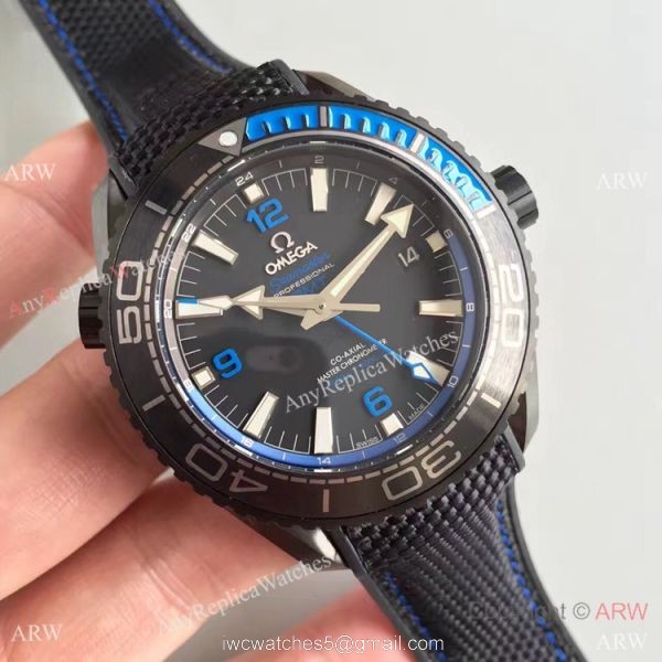 Swiss Replica Omega Seamaster Planet Ocean Deep Black GMT Ceramic Blue Watch 1