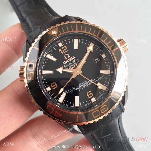 Swiss Replica Omega Seamaster Planet Ocean Deep Black GMT Ceramic Rose Gold Watch 1