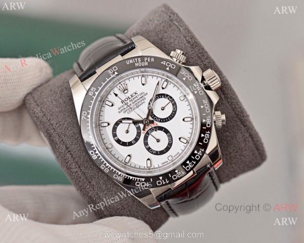 Best Quality Copy Rolex Daytona Watch White Dial Black Leather Strap 1