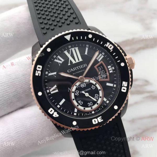 Swiss Fake Calibre De Cartier Diver watch Black PVD Case Rose Gold Fluted Bezel 1