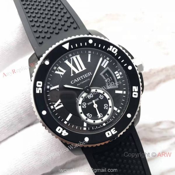 Swiss Replica Calibre De Cartier Diver Black PVD Watch Silver Fluted Bezel 1
