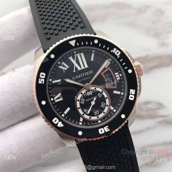 Swiss Grade Cartier Calibre Diver 42mm Watch Rose Gold Fluted Bezel 1