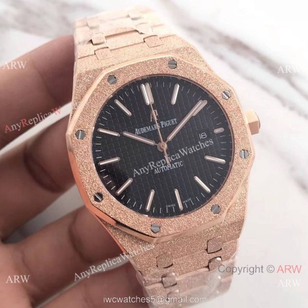 JF Factory Newest Replica Audemars Piguet Frosted Rose Gold Black Dial Wrist Watch 1