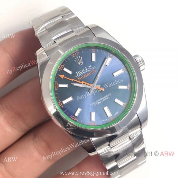 AR Replica Rolex Oyster Perpetual Milgauss SS Blue Dial watch SWISS 3131 1