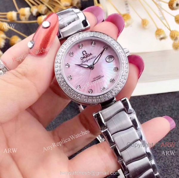 Omega Replica Watches De Ville Ladymatic SS Blue MOP Dial Diamond Bezel Ladies Watch 1
