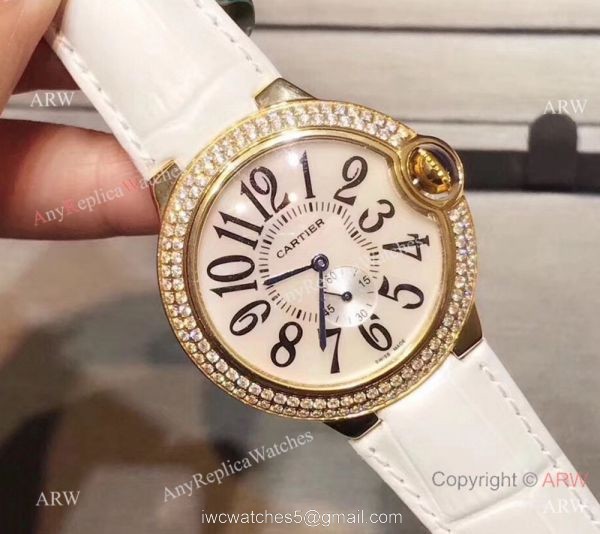 Cartier Ballon Bleu Gold Case Diamond Bezel Womens Fake Cartier Watch 1