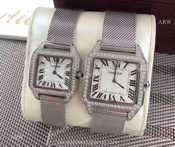 Cartier Santos Diamond Replica Watch Stainless Steel Silver Dial 1