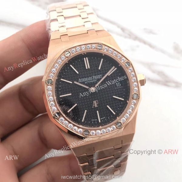 JH Copy Audemars Piguet Royal Oak Automatic Extra Thin Watch Rose Gold Diamond Bezel 1