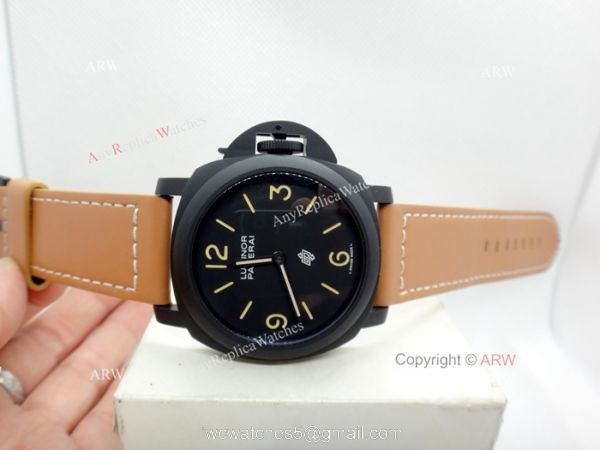 Replica Panerai Luminor Black Dial Brown Leather Strap Watch W Panerai Luminor Base Logo 1