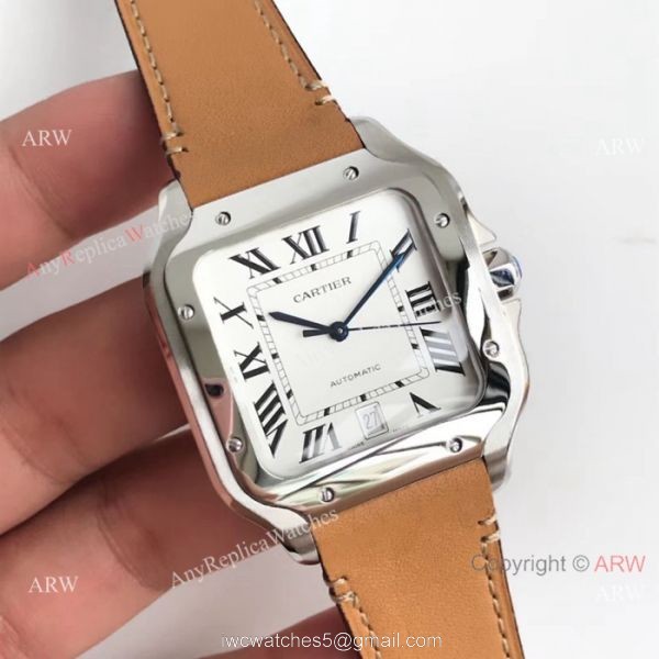 Cartier Santos Quartz Replica Watch SS Brown Leather Band 1