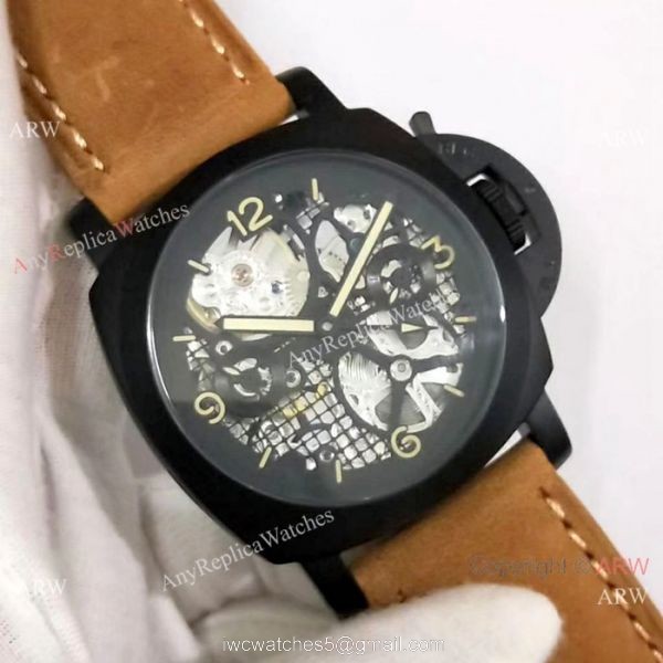 Best Quality Panerai Black Hollow Watch 47mm Brown Leather Strap 1