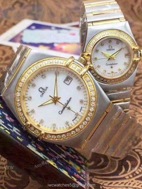 Replica Omega Constellation Diamond Bezel Two Tone Omega Couple Watch 1