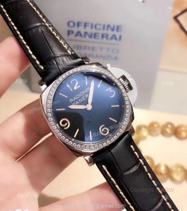 Radiomir Panerai Womens Watch SS Diamond Bezel Green Leather strap 1