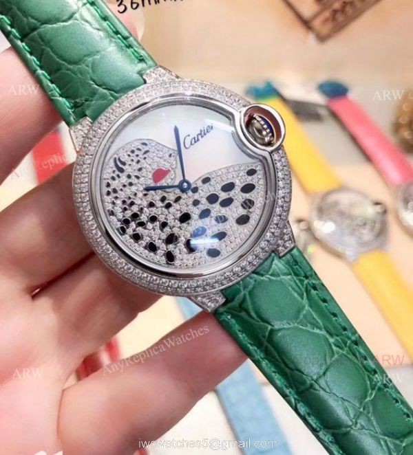 Ballon Bleu de Cartier Replica Watches SS Diamond Leopard Face 1