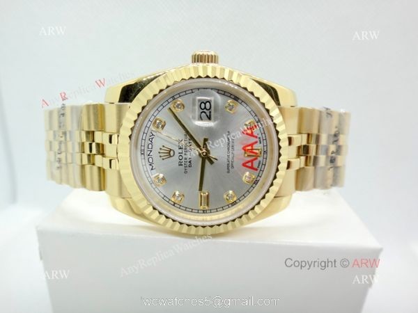 High Quality Replica Diamond Rolex Day Date 34mm Watch Yellow Gold Jubilee Silver Dial 1