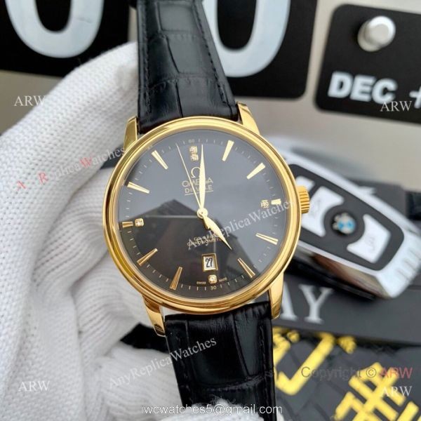 Clone Omega De Ville SS Black Leather Strap Watches 42mm 1