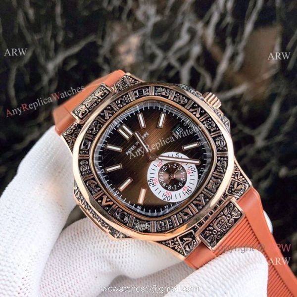 New Replica Patek Philippe Nautilus White Face Rose Gold Tattoo Rubber Strap Watch 1